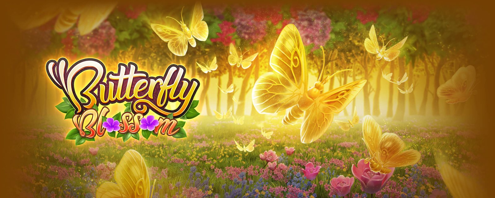 Butterfly Blossom Slot_無数の金色の蝶がカラフルなお花畑で飛んでいる